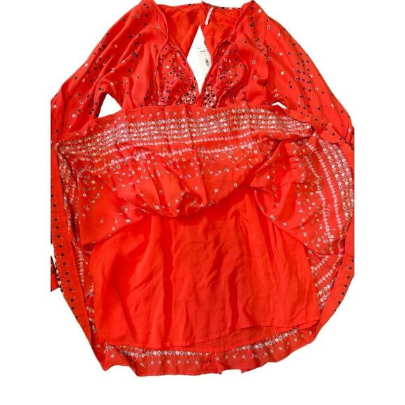 NEW Free People Coryn Coral Orange Print Long Sleeve Dress red combo sz 6 - Picture 13 of 16